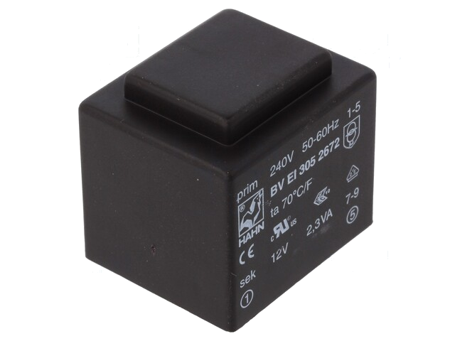Transformator: ingegoten; 2,3VA; 240VAC; 12V; 192mA; PCB; BVEI Transformator: ingegoten; 2,3VA; 240VAC; 12V; 192mA; PCB; BVEI